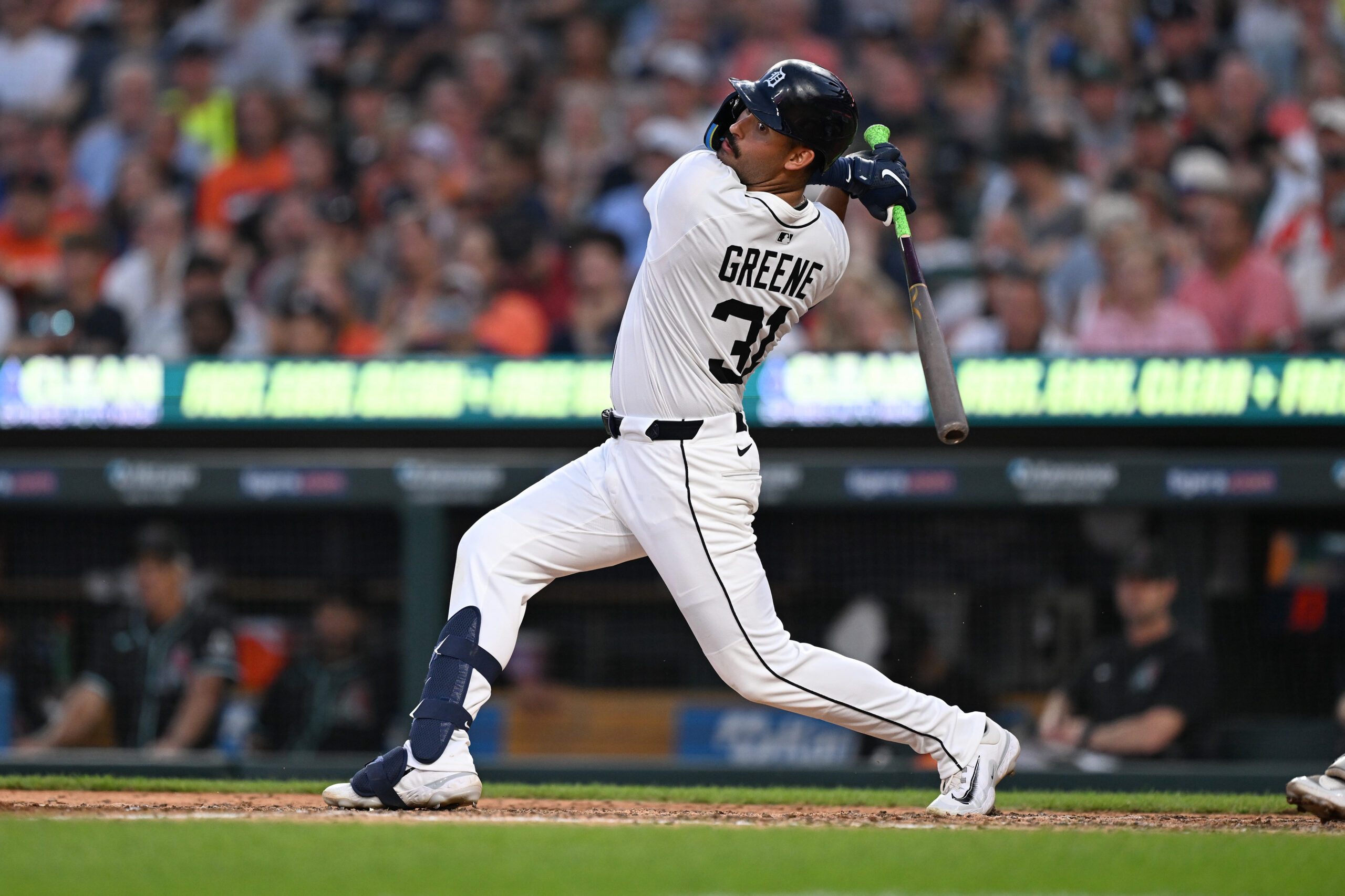 Jul 29, 2025; Detroit, Michigan, USA;  Detroit Tigers left fielder Riley Greene (31) hits an RBI double against the Arizona Diamondbacks in the sixth inning at Comerica Park. Mandatory Credit: Lon Horwedel-Imagn Images