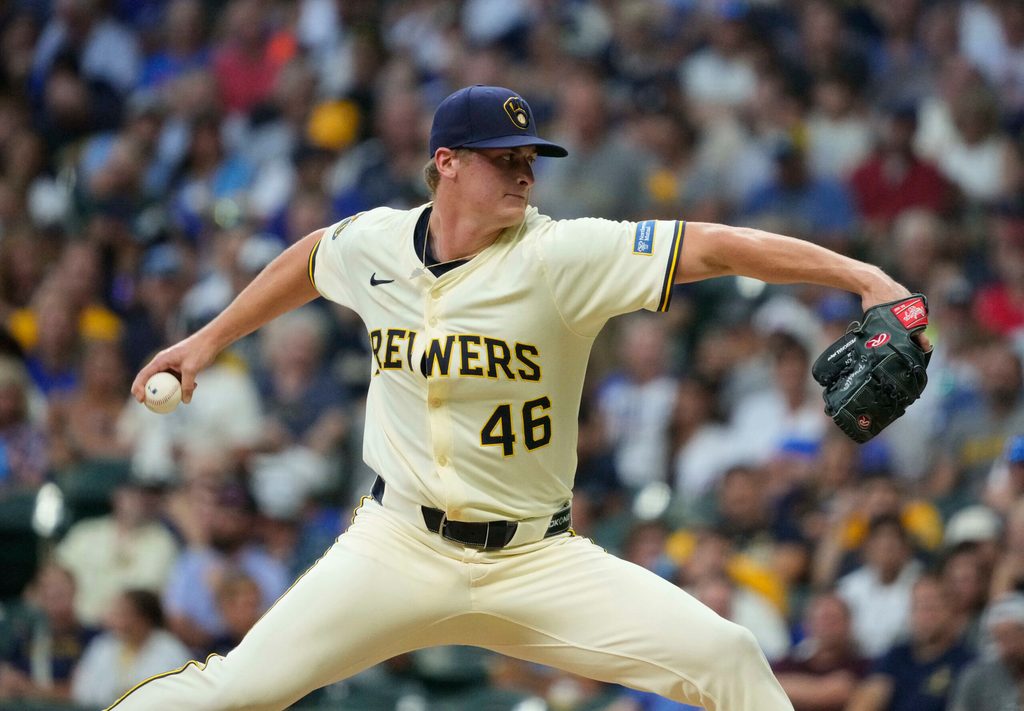 Jul 29, 2025; Milwaukee, Wisconsin, USA; Milwaukee Brewers pitcher Quinn Priester (46) delivers a pitch against the Chicago Cubs in the fourth inning at American Family Field. Mandatory Credit: Michael McLoone-Imagn Images