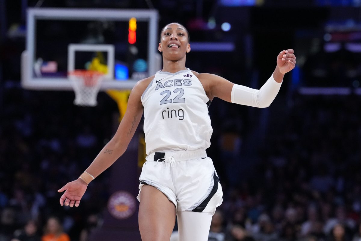 Jul 29, 2025; Los Angeles, California, USA; Las Vegas Aces center A'ja Wilson (22) reacts in the second half against the LA Sparks at Crypto.com Arena. Mandatory Credit: Kirby Lee-Imagn Images