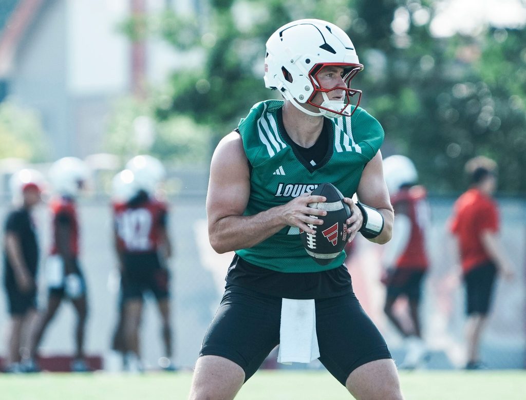 Louisville Cardinals quarterback Miller Moss during a morning practice Wednesday, July 30, 2025. Moss transferred from USC. His overall QB rating is 81.4.