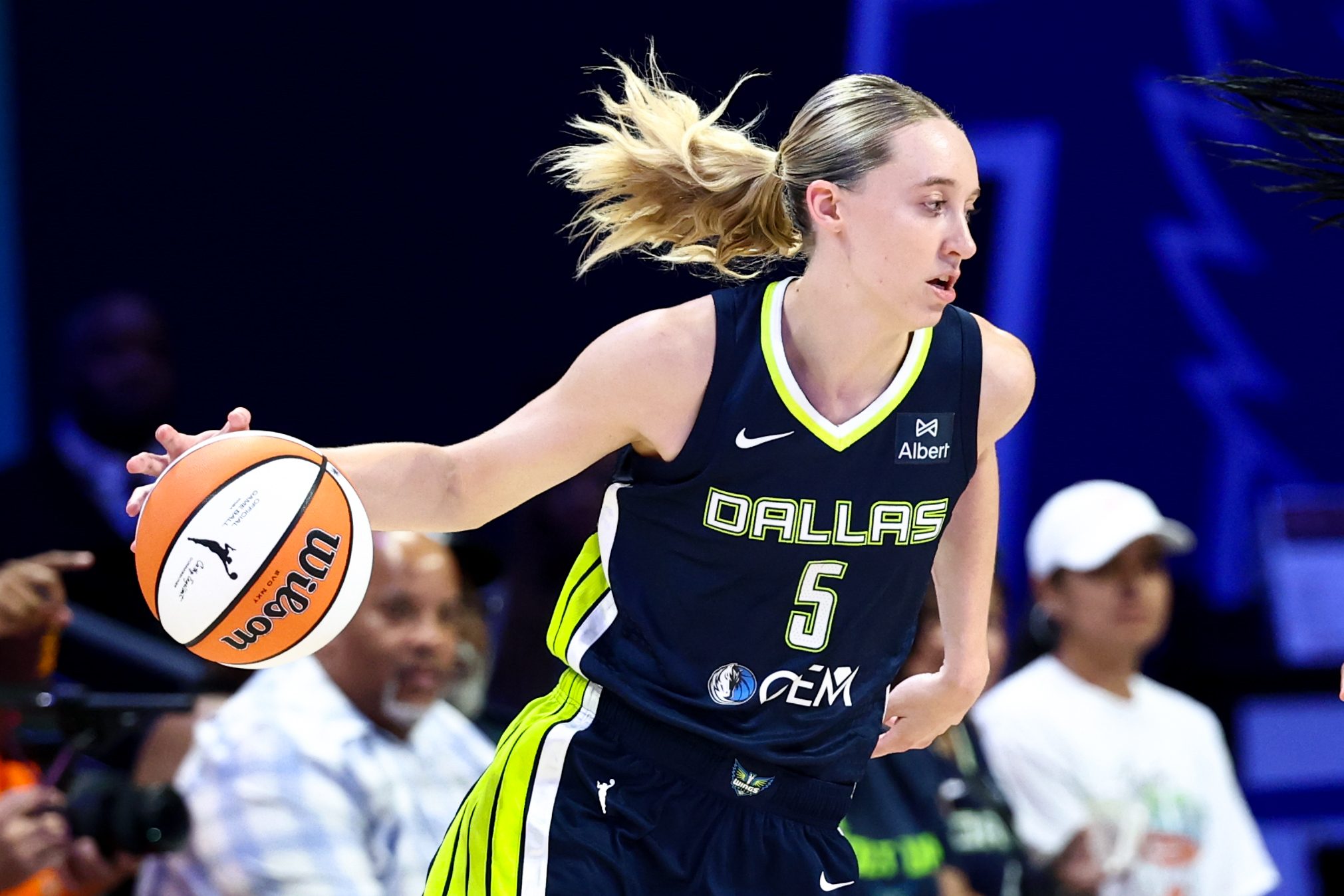 Jul 30, 2025; Arlington, Texas, USA; Dallas Wings guard Paige Bueckers (5) dribbles against the Atlanta Dream during the first half at College Park Center. Mandatory Credit: Kevin Jairaj-Imagn Images
