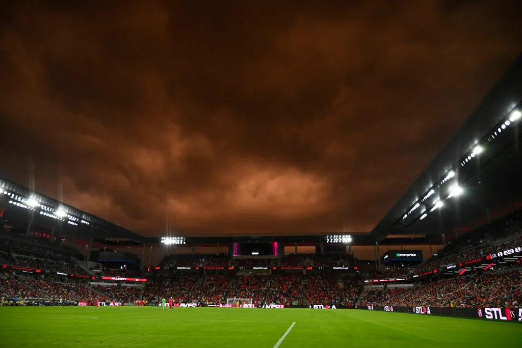Jul 30, 2025; St. Louis, Missouri, USA; A general view of Energizer park during a match between St. Louis City and Aston Villa in the first half at Energizer Park. Mandatory Credit: Joe Puetz-Imagn Images
