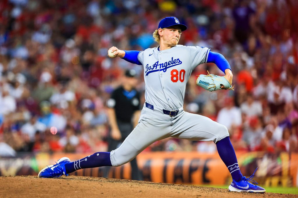 Jul 30, 2025; Cincinnati, Ohio, USA; Los Angeles Dodgers relief pitcher Emmet Sheehan (80) pitches against the Cincinnati Reds in the sixth inning at Great American Ball Park. Mandatory Credit: Katie Stratman-Imagn Images