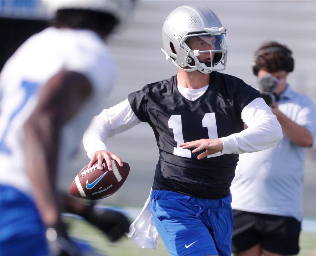 Middle Tennessee State quarterback Nicholas Vattiato (11) passes the ball during Middle Tennessee StateÕs first fall football practice of the 2025 season on Thursday, July 31, 2025.