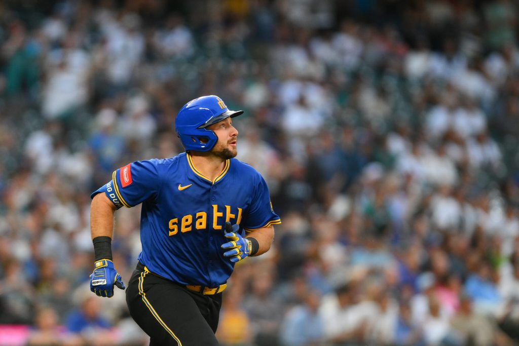Jul 31, 2025; Seattle, Washington, USA; Seattle Mariners catcher Cal Raleigh (29) runs the bases after hitting a home run against the Texas Rangers during the fifth inning at T-Mobile Park. Mandatory Credit: Steven Bisig-Imagn Images