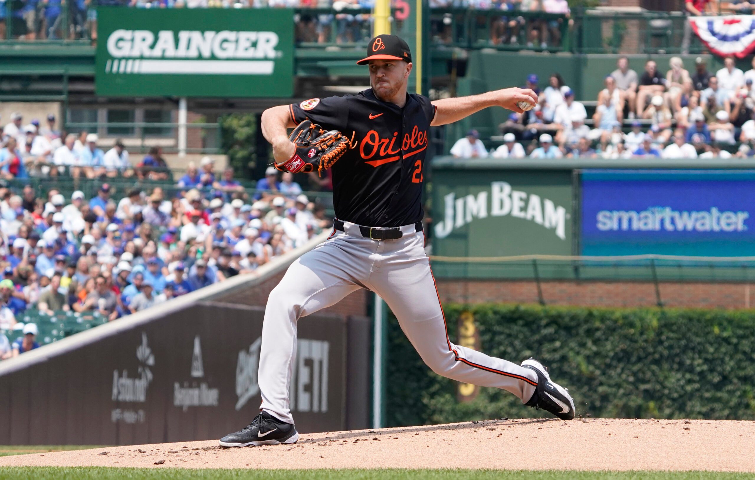 Aug 1, 2025; Chicago, Illinois, USA; Baltimore Orioles pitcher Trevor Rogers (28) throws the ball against the Chicago Cubs during the first inning at Wrigley Field. Mandatory Credit: David Banks-Imagn Images