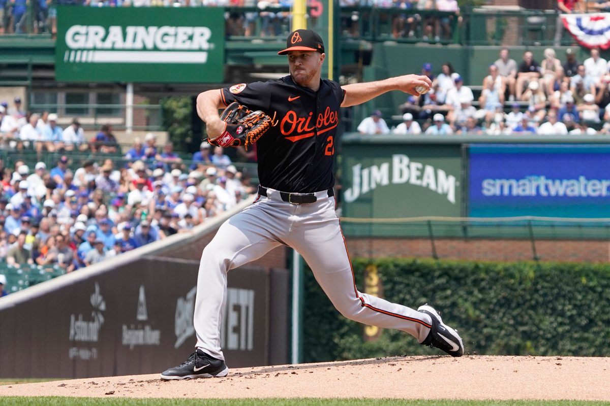 Aug 1, 2025; Chicago, Illinois, USA; Baltimore Orioles pitcher Trevor Rogers (28) throws the ball against the Chicago Cubs during the first inning at Wrigley Field. Mandatory Credit: David Banks-Imagn Images