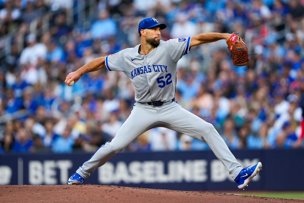 Aug 1, 2025; Toronto, Ontario, CAN; Kansas City Royals pitcher Michael Wacha (52) pitches to the Toronto Blue Jays during the first inning at Rogers Centre. Mandatory Credit: Kevin Sousa-Imagn Images
