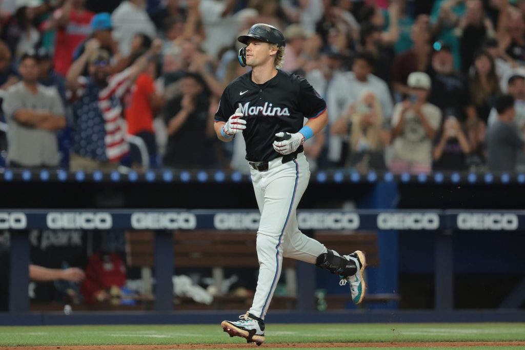 Aug 1, 2025; Miami, Florida, USA; Miami Marlins left fielder Kyle Stowers (28) circles the bases after hitting a grand slam against the New York Yankees seventh inning at loanDepot Park. Mandatory Credit: Sam Navarro-Imagn Images