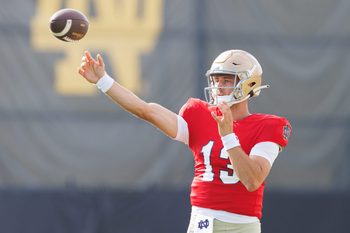 Notre Dame quarterback CJ Carr throws the ball during a football practice at Irish Athletic Center on Saturday, Aug. 2, 2025, in South Bend.