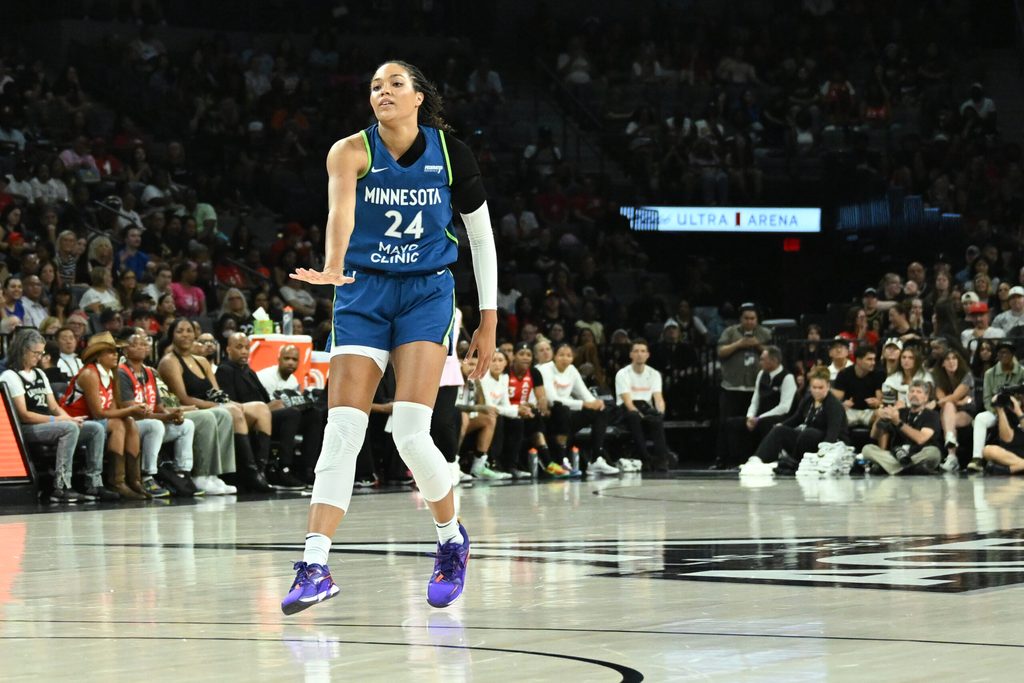 Aug 2, 2025; Las Vegas, Nevada, USA; Minnesota Lynx forward Napheesa Collier (24) gestures after scoring against the Las Vegas Aces during the first quarter of their game at Michelob Ultra Arena. Mandatory Credit: Candice Ward-Imagn Images