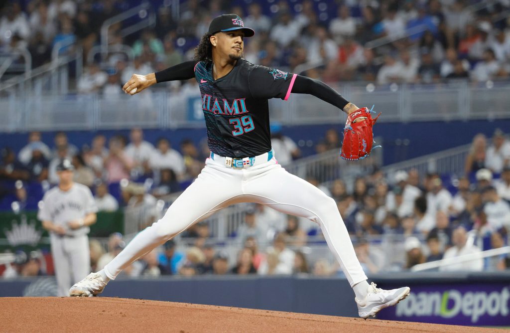 Aug 2, 2025; Miami, Florida, USA; Miami Marlins starting pitcher Eury Perez (39) pitches against the New York Yankees during the first inning at loanDepot Park. Mandatory Credit: Rhona Wise-Imagn Images