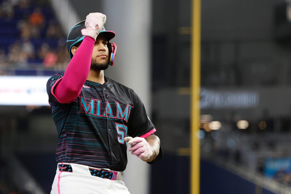 Aug 2, 2025; Miami, Florida, USA; Miami Marlins catcher Agustin Ramirez (50) reacts to his home run against the New York Yankees during the first inning at loanDepot Park. Mandatory Credit: Rhona Wise-Imagn Images
