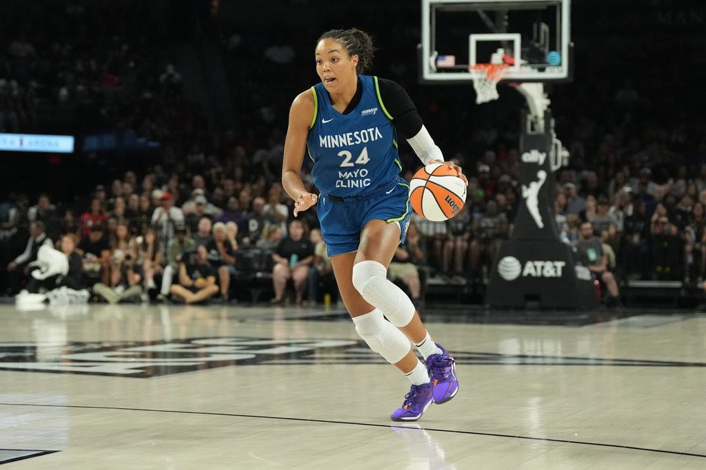 Aug 2, 2025; Las Vegas, Nevada, USA; Minnesota Lynx forward Napheesa Collier (24) dribbles against the Las Vegas Aces during the first quarter at Michelob Ultra Arena. Mandatory Credit: Candice Ward-Imagn Images