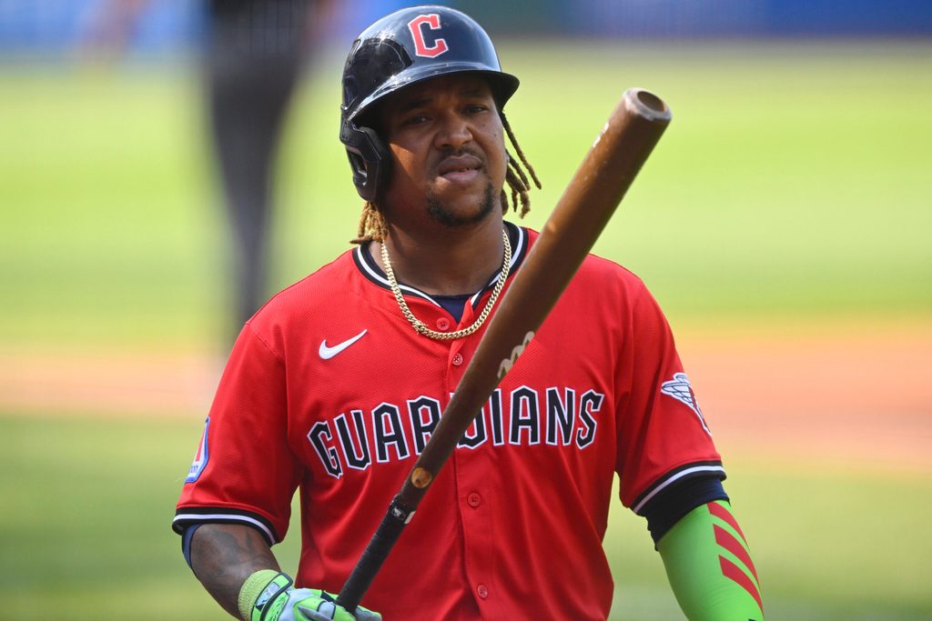Aug 2, 2025; Cleveland, Ohio, USA; Cleveland Guardians third baseman Jose Ramirez (11) stands on deck in the third inning against the Minnesota Twins at Progressive Field. Mandatory Credit: David Richard-Imagn Images