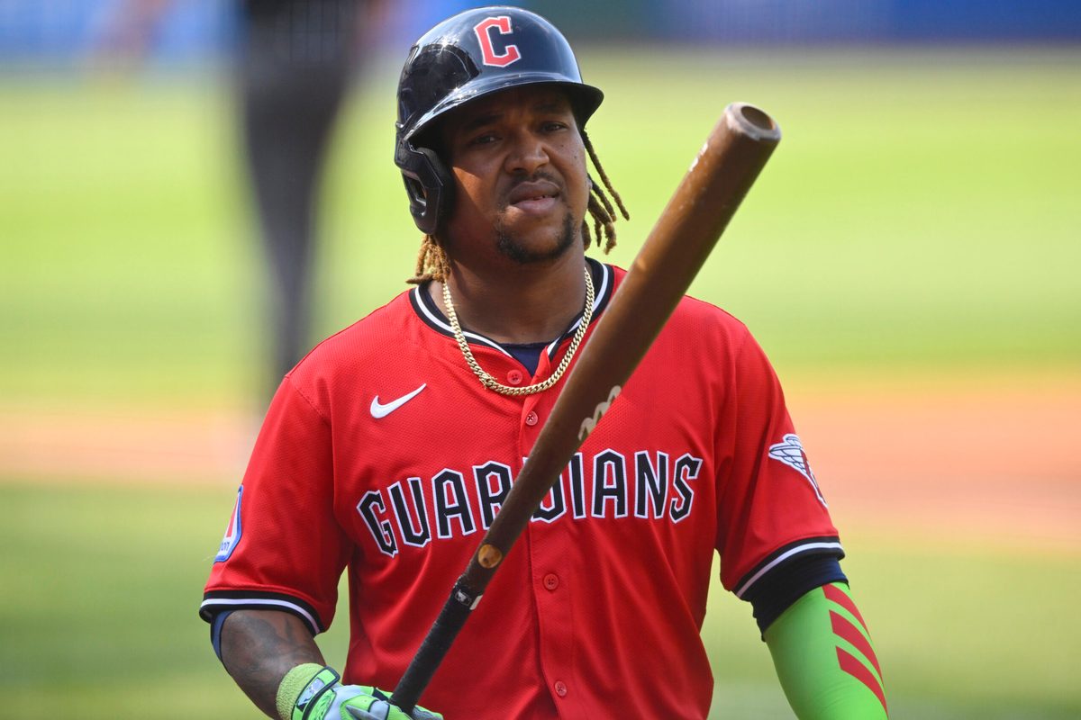 Aug 2, 2025; Cleveland, Ohio, USA; Cleveland Guardians third baseman Jose Ramirez (11) stands on deck in the third inning against the Minnesota Twins at Progressive Field. Mandatory Credit: David Richard-Imagn Images