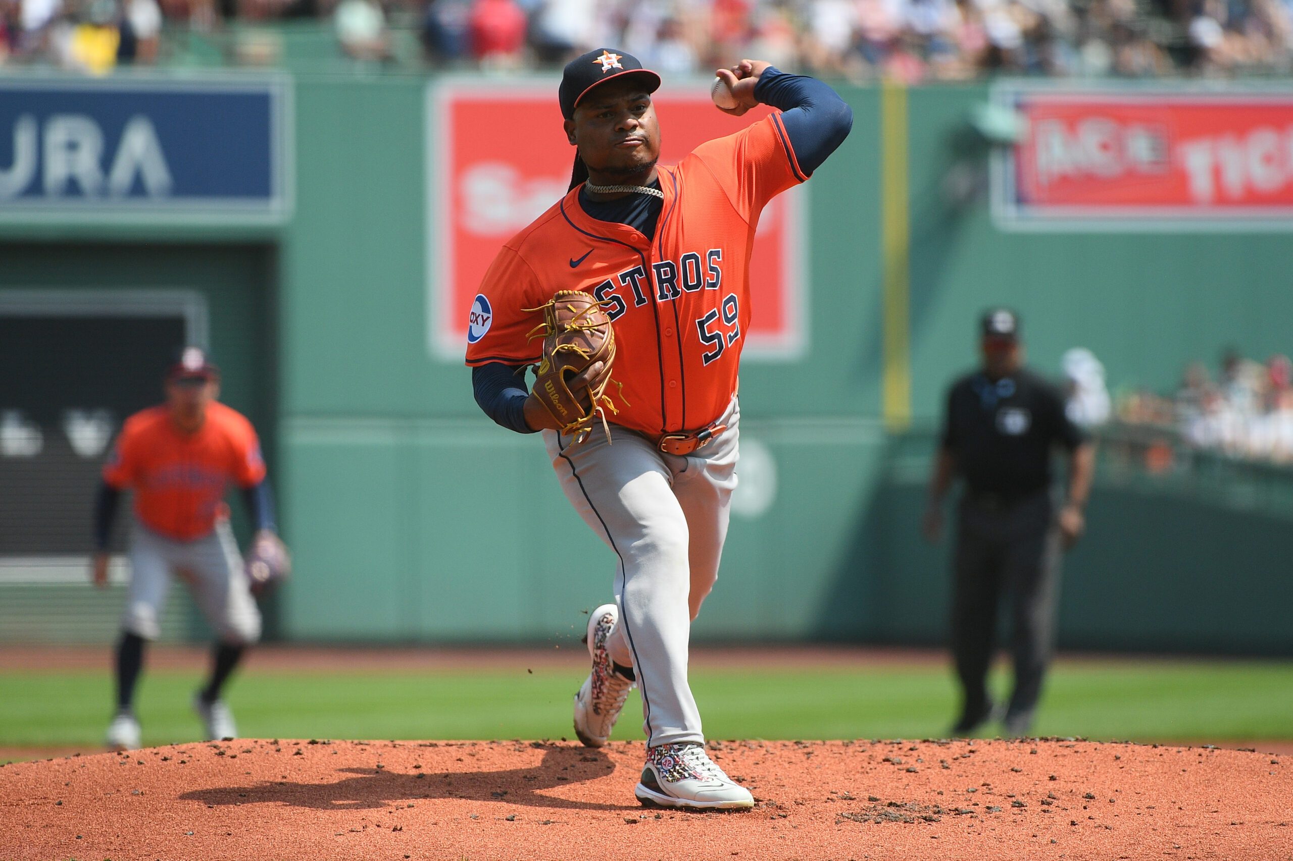 Aug 3, 2025; Boston, Massachusetts, USA; Houston Astros starting pitcher Framber Valdez (59) pitches during the first inning against the Boston Red Sox at Fenway Park. Mandatory Credit: Bob DeChiara-Imagn Images