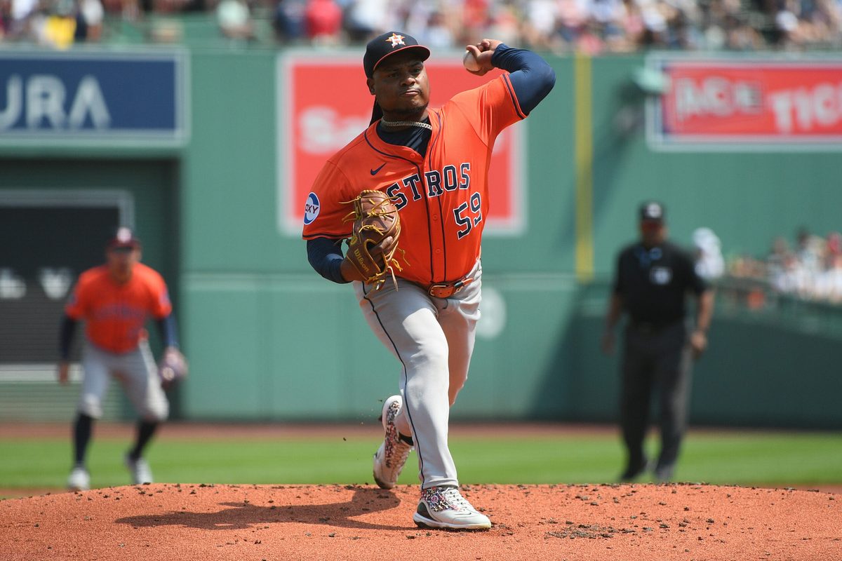 Aug 3, 2025; Boston, Massachusetts, USA; Houston Astros starting pitcher Framber Valdez (59) pitches during the first inning against the Boston Red Sox at Fenway Park. Mandatory Credit: Bob DeChiara-Imagn Images