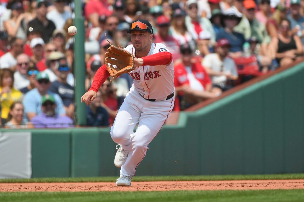 Aug 3, 2025; Boston, Massachusetts, USA; Boston Red Sox third baseman Alex Bregman (2) fields the ball during the sixth inning against the Houston Astros at Fenway Park. Mandatory Credit: Bob DeChiara-Imagn Images