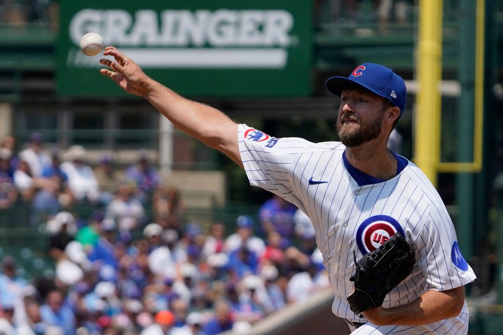 Aug 3, 2025; Chicago, Illinois, USA; Chicago Cubs pitcher Colin Rea (53) throws the ball against the Baltimore Orioles during the first inning at Wrigley Field. Mandatory Credit: David Banks-Imagn Images
