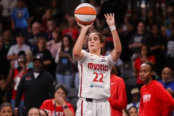 Aug 3, 2025; College Park, Georgia, USA; Washington Mystics guard Sonia Citron (22) shoots against the Atlanta Dream in the first quarter at Gateway Center Arena at College Park. Mandatory Credit: Brett Davis-Imagn Images