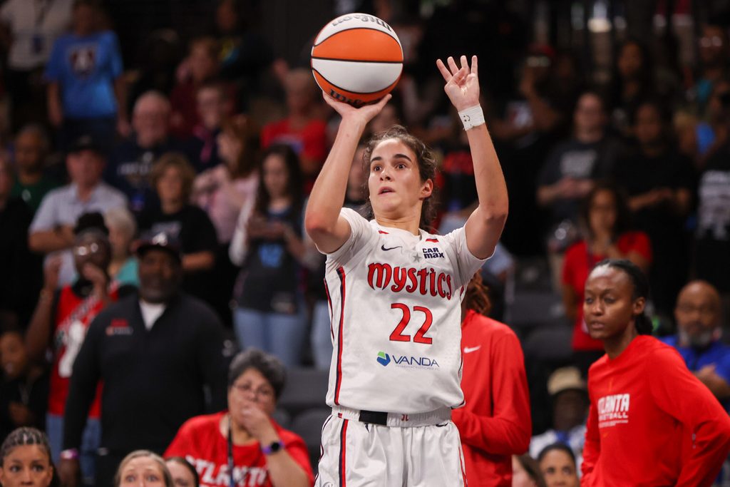 Aug 3, 2025; College Park, Georgia, USA; Washington Mystics guard Sonia Citron (22) shoots against the Atlanta Dream in the first quarter at Gateway Center Arena at College Park. Mandatory Credit: Brett Davis-Imagn Images