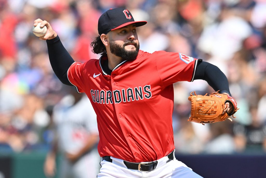 Aug 3, 2025; Cleveland, Ohio, USA; Cleveland Guardians relief pitcher Jakob Junis (16) throws a pitch during the eighth inning against the Minnesota Twins at Progressive Field. Mandatory Credit: Ken Blaze-Imagn Images
