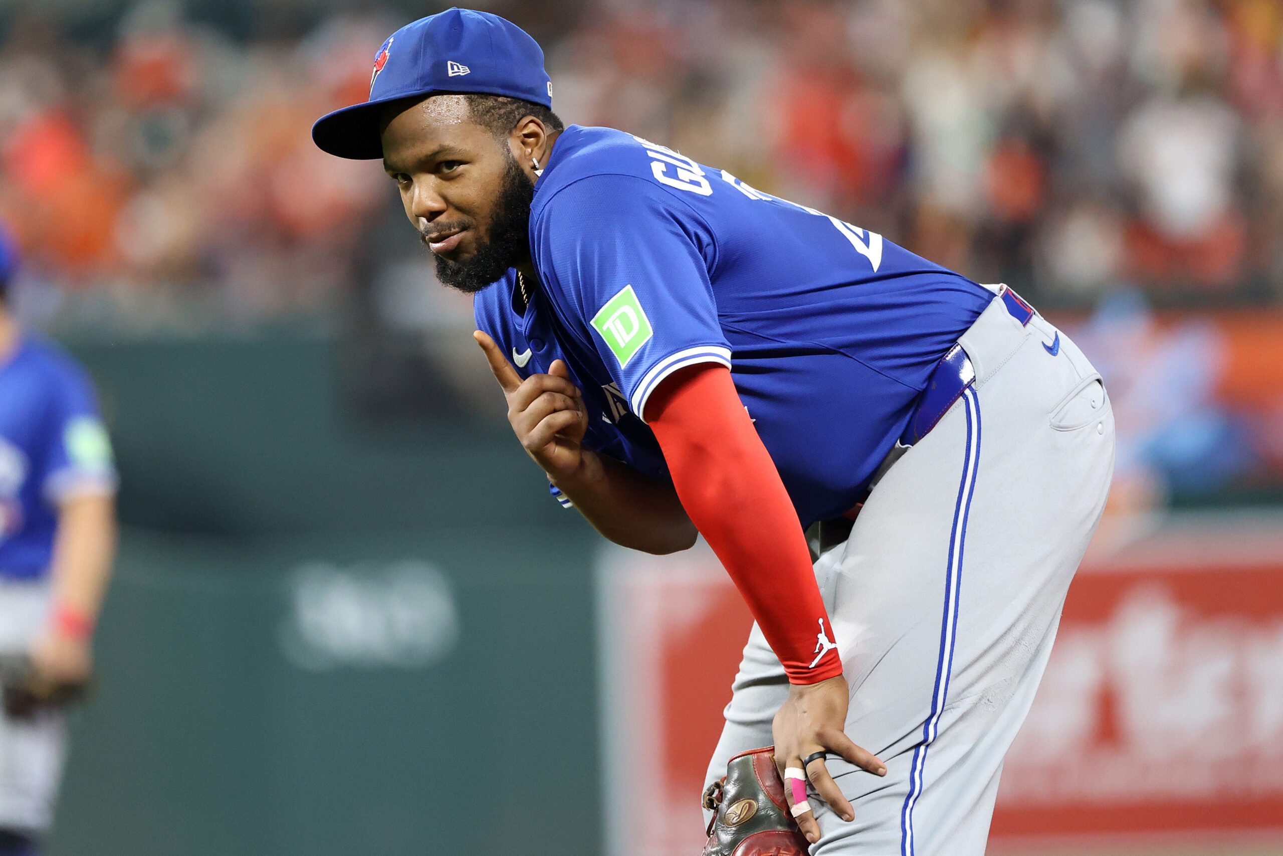 Jul 28, 2025; Baltimore, Maryland, USA; Toronto Blue Jays first baseman Vladimir Guerrero Jr. (27) looks on during the fifth inning against the Baltimore Orioles at Oriole Park at Camden Yards. Mandatory Credit: Daniel Kucin Jr.-Imagn Images