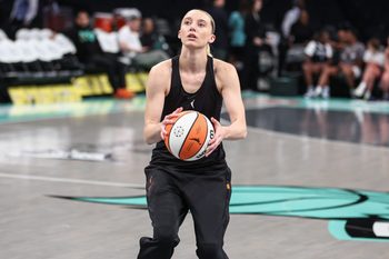 Aug 5, 2025; Brooklyn, New York, USA;  Dallas Wings guard Paige Bueckers (5) warms up prior to the game against the New York Liberty at Barclays Center. Mandatory Credit: Wendell Cruz-Imagn Images