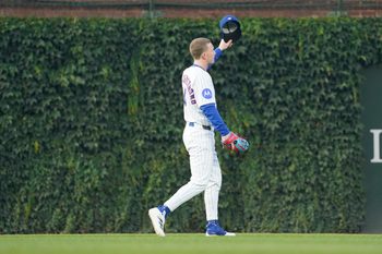 Aug 5, 2025; Chicago, Illinois, USA; Chicago Cubs outfielder Pete Crow-Armstrong (4) waves to the fans before the game against the Cincinnati Reds at Wrigley Field. Mandatory Credit: David Banks-Imagn Images