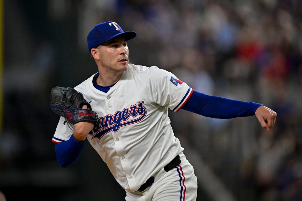 Aug 4, 2025; Arlington, Texas, USA; Texas Rangers starting pitcher Patrick Corbin (46) in action during the game between the Texas Rangers and the New York Yankees at Globe Life Field. Mandatory Credit: Jerome Miron-Imagn Images