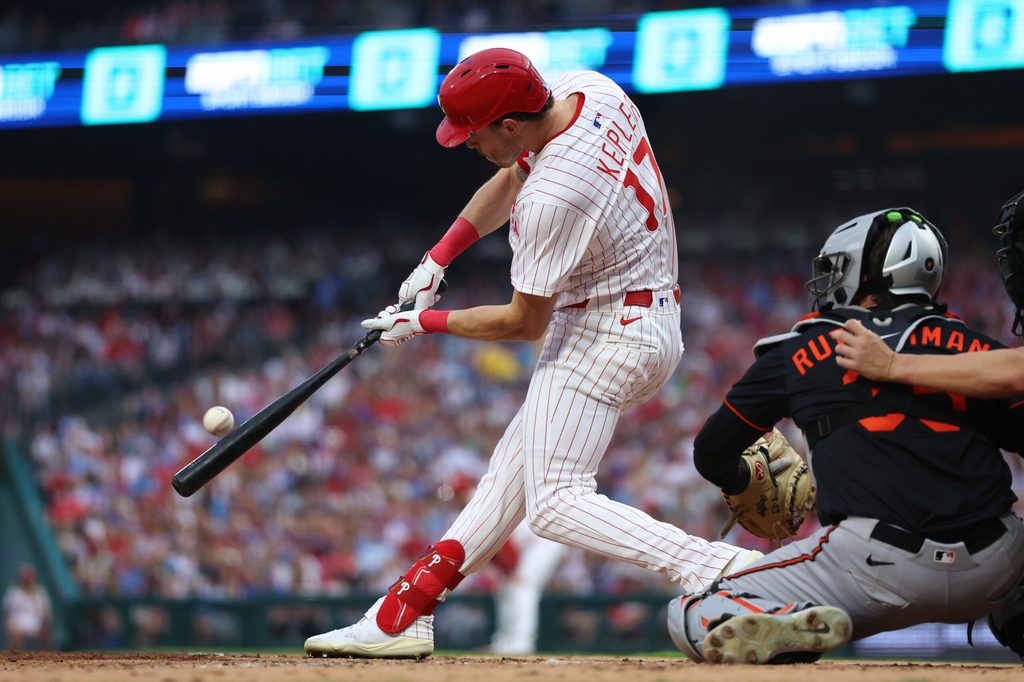 Aug 5, 2025; Philadelphia, Pennsylvania, USA; Philadelphia Phillies outfielder Max Kepler (17) hits a two RBI homer run against the Baltimore Orioles during the second inning at Citizens Bank Park. Mandatory Credit: Bill Streicher-Imagn Images