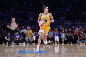 Aug 5, 2025; Los Angeles, California, USA; LA Sparks guard Kelsey Plum (10) dribbles the ball up the court in the first half against the Indiana Fever at Crypto.com Arena. Mandatory Credit: Kirby Lee-Imagn Images