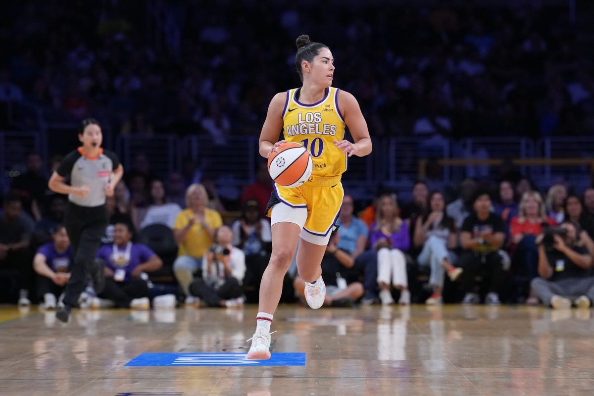 Aug 5, 2025; Los Angeles, California, USA; LA Sparks guard Kelsey Plum (10) dribbles the ball up the court in the first half against the Indiana Fever at Crypto.com Arena. Mandatory Credit: Kirby Lee-Imagn Images