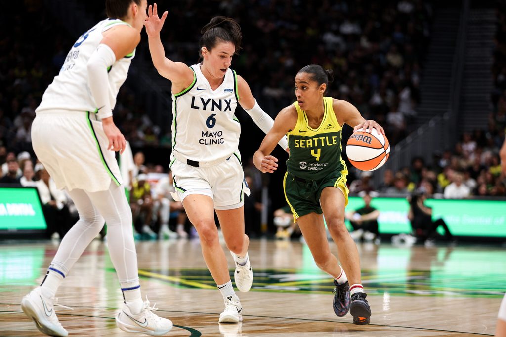 Aug 5, 2025; Seattle, Washington, USA; Seattle Storm guard Skylar Diggins (4) drives the ball during the second half against the Minnesota Lynx at Climate Pledge Arena. Mandatory Credit: Kevin Ng-Imagn Images