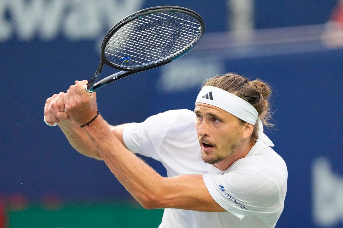 Aug 6, 2025; Toronto, ON, Canada; Alexander Zverev (GER) returns a ball to Karen Khachanov (not pictured) during semifinals at Sobeys Stadium. Mandatory Credit: John E. Sokolowski-Imagn Images