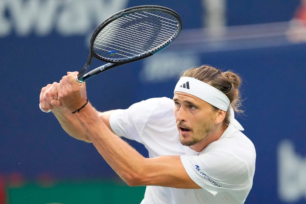 Aug 6, 2025; Toronto, ON, Canada; Alexander Zverev (GER) returns a ball to Karen Khachanov (not pictured) during semifinals at Sobeys Stadium. Mandatory Credit: John E. Sokolowski-Imagn Images