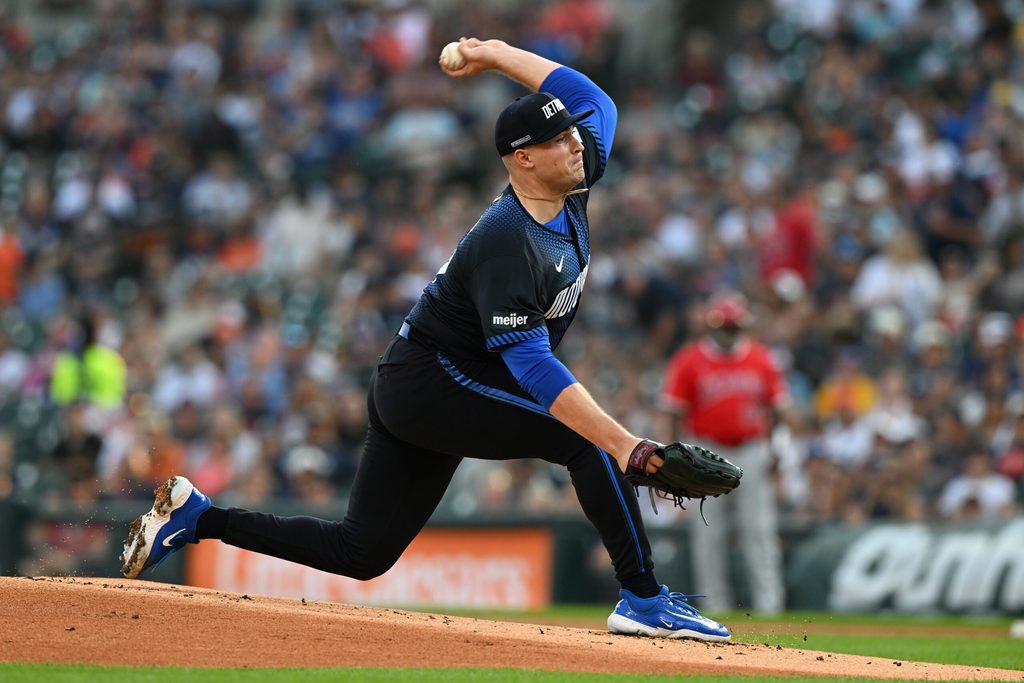 Aug 8, 2025; Detroit, Michigan, USA; Detroit Tigers starting pitcher Tarik Skubal (29) throws a pitch against the Los Angeles Angels in the first inning at Comerica Park. Mandatory Credit: Lon Horwedel-Imagn Images