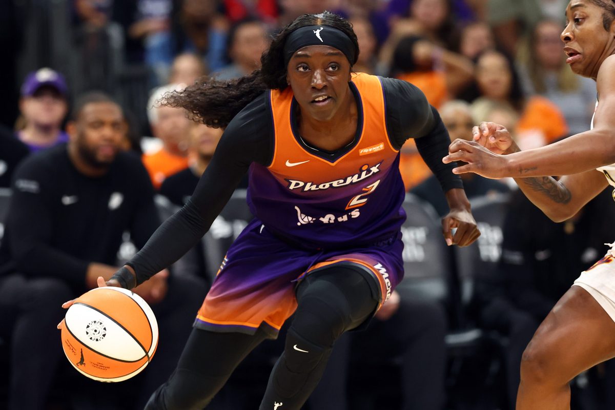 Aug 7, 2025; Phoenix, Arizona, USA; Phoenix Mercury guard Kahleah Copper (2) against the Indiana Fever during WNBA game at PHX Arena. Mandatory Credit: Mark J. Rebilas-Imagn Images
