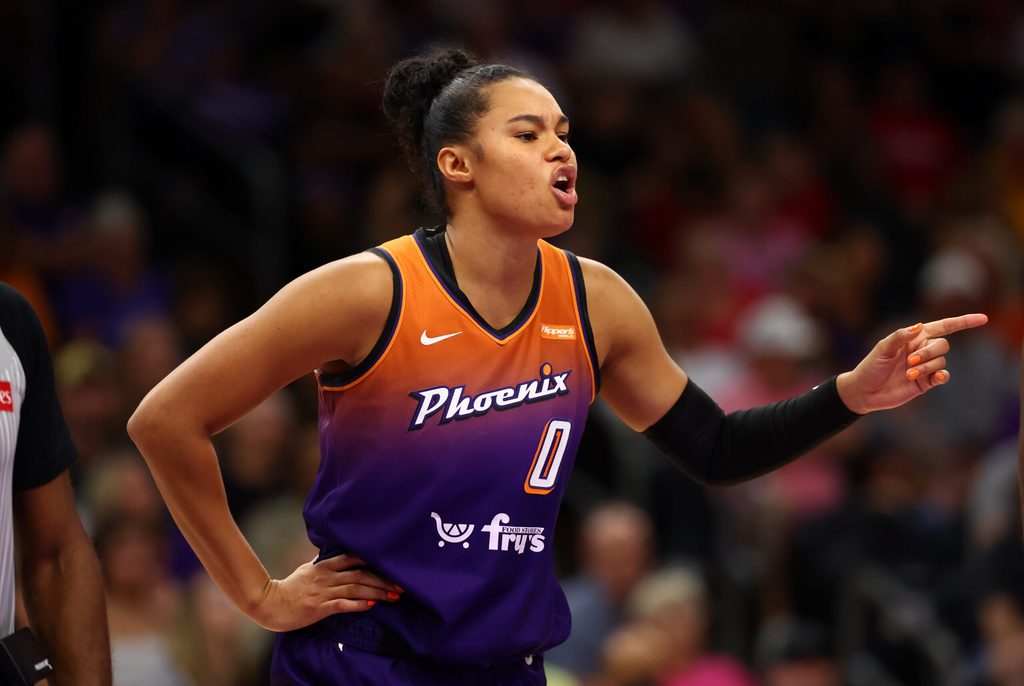 Aug 7, 2025; Phoenix, Arizona, USA; Phoenix Mercury forward Satou Sabally (0) reacts against the Indiana Fever during WNBA game at PHX Arena. Mandatory Credit: Mark J. Rebilas-Imagn Images