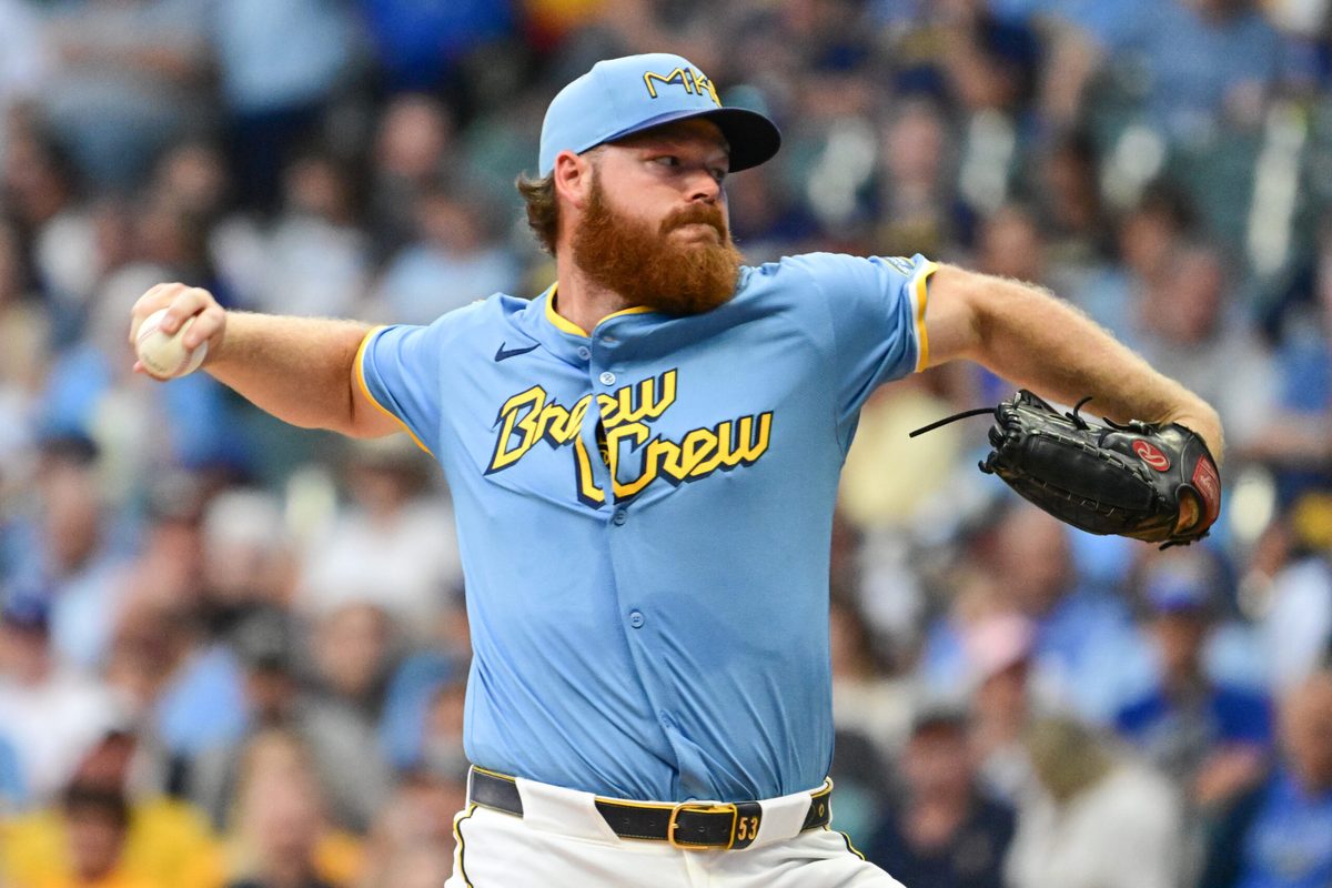 Aug 8, 2025; Milwaukee, Wisconsin, USA; Milwaukee Brewers starting pitcher Brandon Woodruff (53) throws a pitch in the first inning against the New York Mets at American Family Field. Mandatory Credit: Benny Sieu-Imagn Images