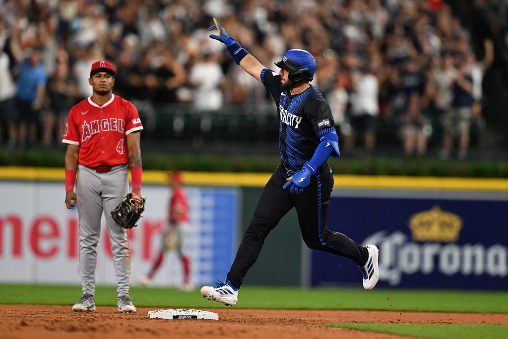 Aug 8, 2025; Detroit, Michigan, USA; Detroit Tigers outfielder Matt Vierling (8) celebrates as he rounds the bases after hitting a three-run home run against the Los Angeles Angels in the eighth inning at Comerica Park. Mandatory Credit: Lon Horwedel-Imagn Images