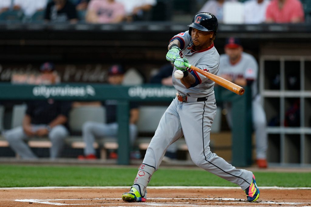 Aug 8, 2025; Chicago, Illinois, USA; Cleveland Guardians third baseman Jose Ramirez (11) hits a double against the Chicago White Sox during the first inning at Rate Field. Mandatory Credit: Kamil Krzaczynski-Imagn Images