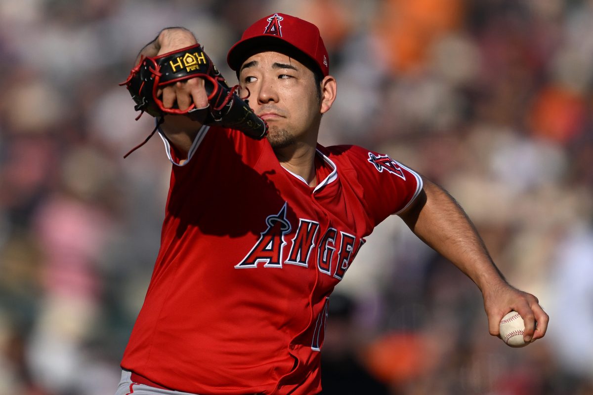 Aug 9, 2025; Detroit, Michigan, USA; Los Angeles Angels starting pitcher Yusei Kikuchi (16) throws a pitch against the Detroit Tigers in the first inning at Comerica Park. Mandatory Credit: Lon Horwedel-Imagn Images
