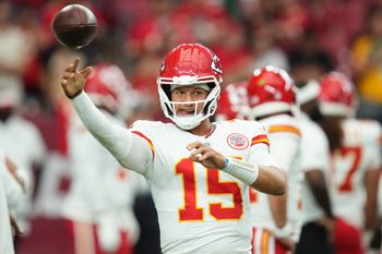Kansas City Chiefs quarterback Patrick Mahomes (15) warms up before their preseason game against the Arizona Cardinals at State Farm Stadium on Aug. 9, 2025.