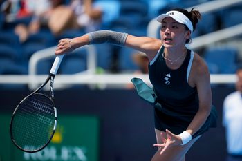 Aug 10, 2025; Cincinnati, OH, USA;  Wang Xinyu (CHN) serves against Coco Gauff (USA) during the Cincinnati Open at the Lindner Family Tennis Center. Mandatory Credit: Aaron Doster-Imagn Images