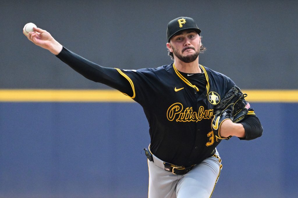 Aug 12, 2025; Milwaukee, Wisconsin, USA; Pittsburgh Pirates starting pitcher Paul Skenes (30) throws a pitch in the first inning against the Milwaukee Brewers at American Family Field. Mandatory Credit: Benny Sieu-Imagn Images