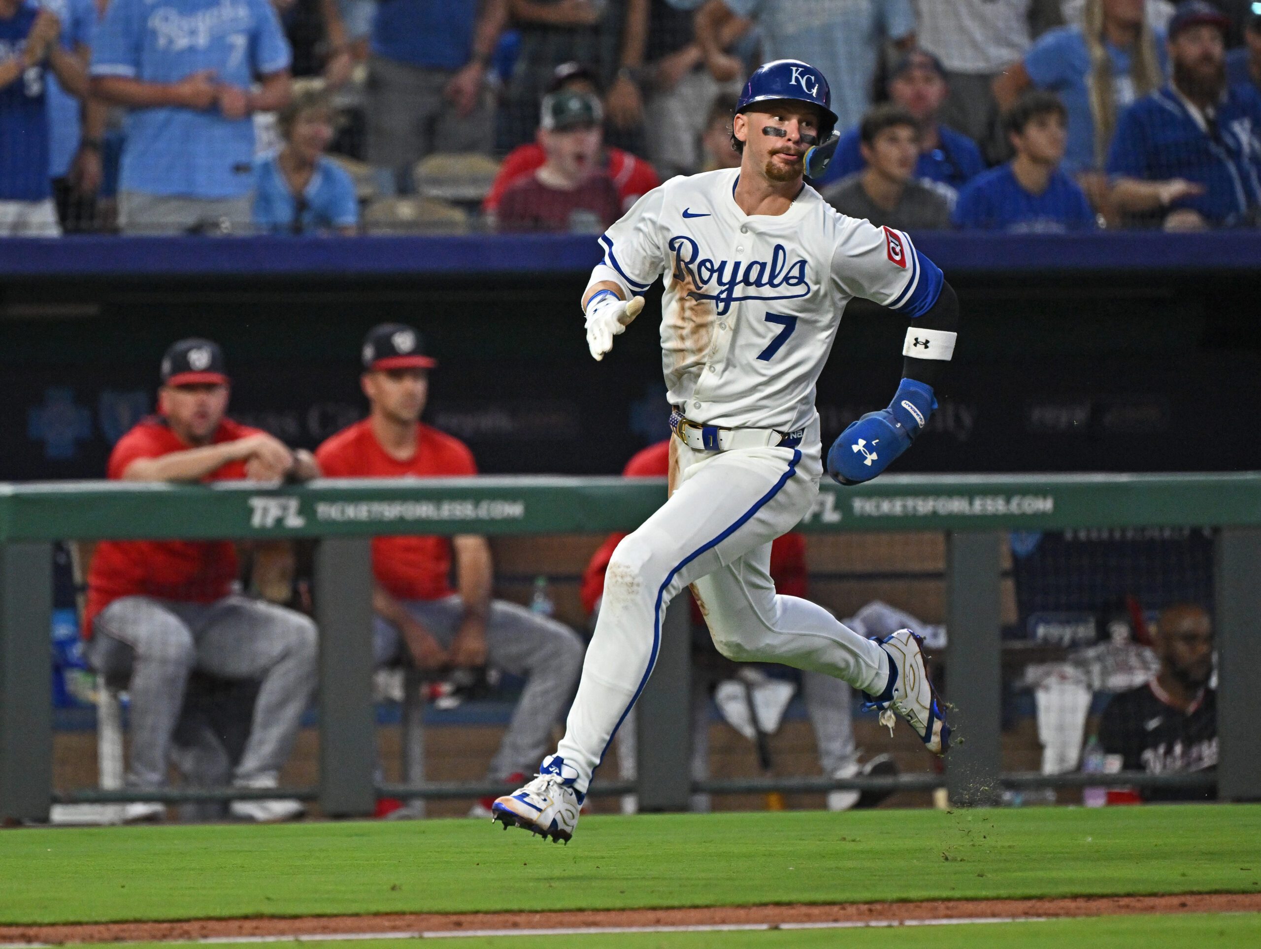 Aug 12, 2025; Kansas City, Missouri, USA; Kansas City Royals shortstop Bobby Witt Jr. (7) scores a run in the sixth inning against the Washington Nationals at Kauffman Stadium. Mandatory Credit: Peter Aiken-Imagn Images