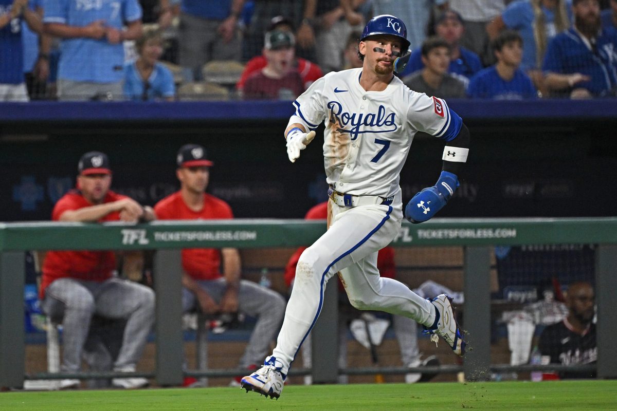 Aug 12, 2025; Kansas City, Missouri, USA; Kansas City Royals shortstop Bobby Witt Jr. (7) scores a run in the sixth inning against the Washington Nationals at Kauffman Stadium. Mandatory Credit: Peter Aiken-Imagn Images