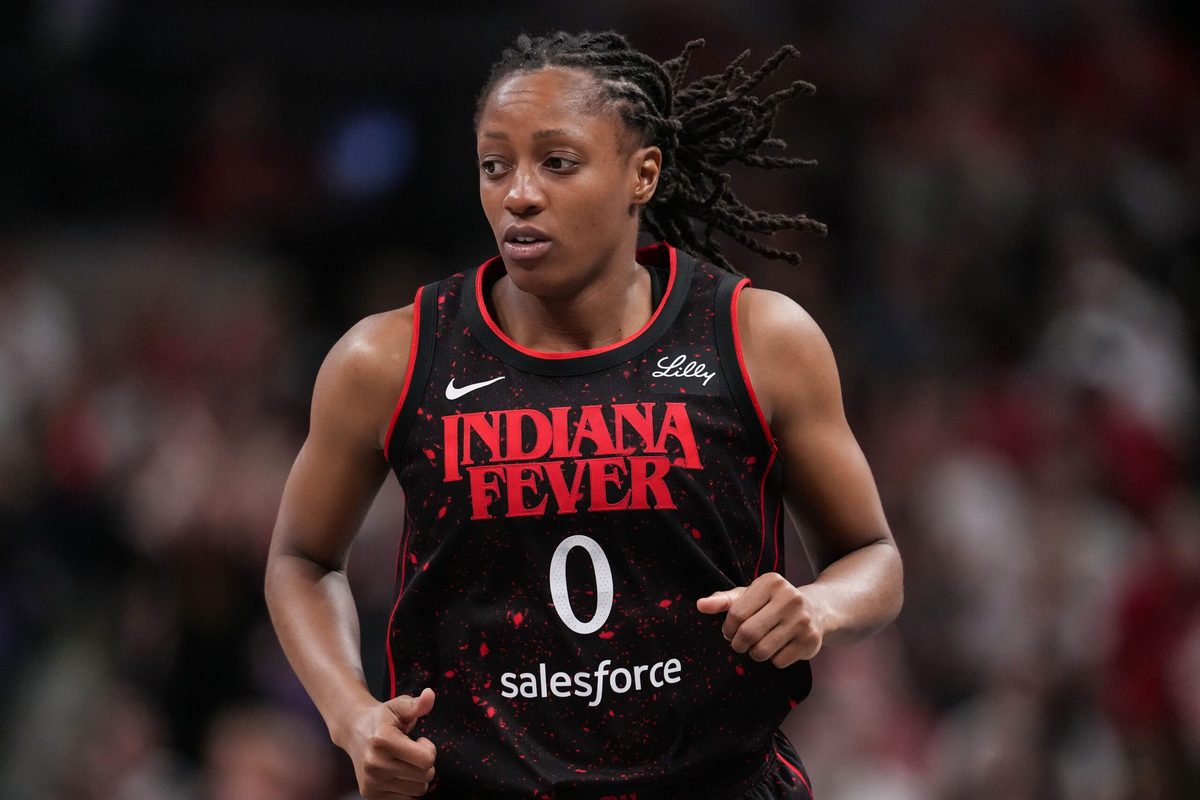 Indiana Fever guard Kelsey Mitchell (0) rushes up the court Tuesday, Aug. 12, 2025, during the game at Gainbridge Fieldhouse in Indianapolis. The Dallas Wings defeated the Indiana Fever, 81-80.